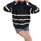Women Knitwear Fall and Winter Lapels Striped Zip Sweater Loose Knitted Cardigan