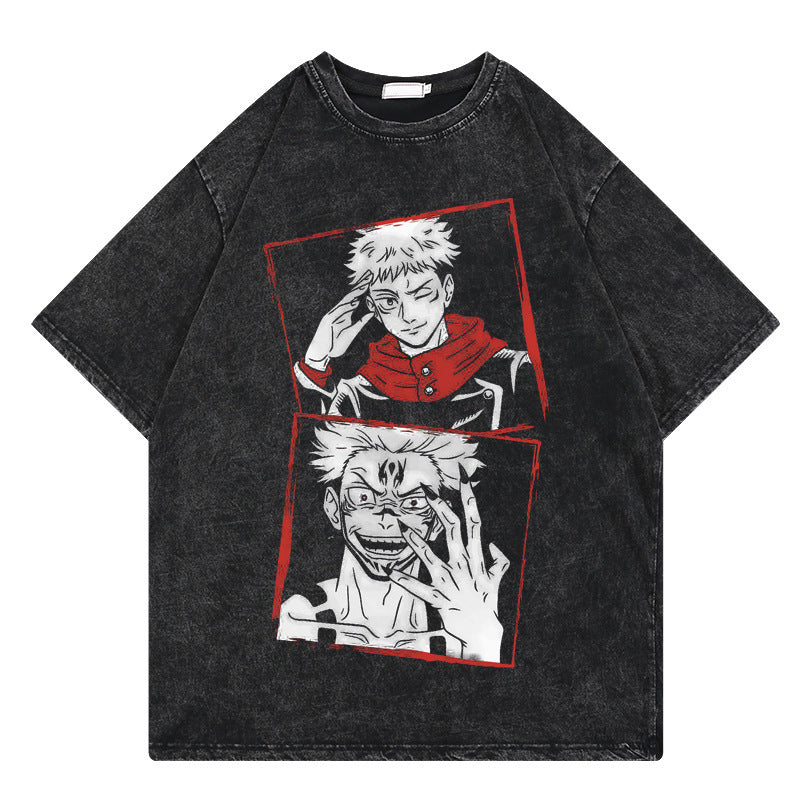 Washed retro T-shirt, printed graphic casual cotton short sleeves