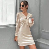 Women Dress Long Sleeve V-neck Hollow A- line Skirt Dress