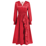 Women Date Dress Autumn and Winter V-neck Bubble Long Sleeve Dress