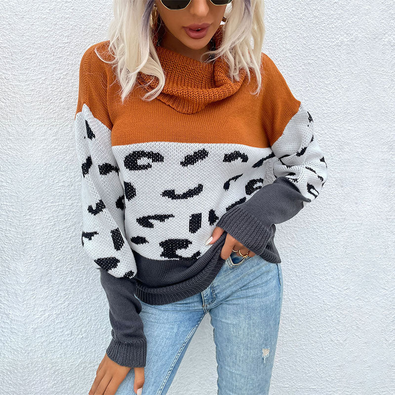 Women Knitted Sweater Autumn and Winter Leisure Leopard Print Contrast Color Long Sleeve Pullover
