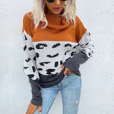 Women Knitted Sweater Autumn and Winter Leisure Leopard Print Contrast Color Long Sleeve Pullover