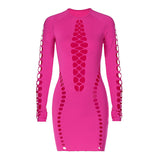 Women Dresses Sexy Hollow Long-Sleeved O-neck Short Dress