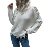 Women Knitted Sweater Autumn and Winter Shabby Long Sleeve Hollow out White High Collar Sweater