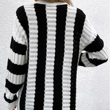 Women Knitted Sweater Spring Loose Sweater Striped Hollow out Long Sleeve Sweater Jacket