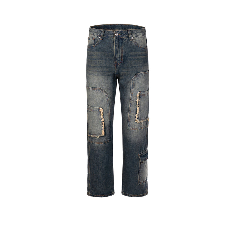 MIJKO Men's Vintage Pants MIJKO Splicing Pocket Trousers Men's and Women's Washed Water-Ground White Jeans