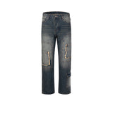 MIJKO Men's Vintage Pants MIJKO Splicing Pocket Trousers Men's and Women's Washed Water-Ground White Jeans