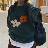 Women Knitted Pullover Vintage Flower round Neck Autumn and Winter Loose Flower Knitwear Sweater
