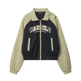 Women Jacket Letter Embroidered Color Matching Casual Coat Lapel Sports Jacket
