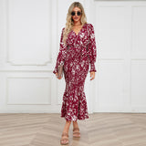 Women Date Dress Long Dress Leopard Print V-neck Belt Printed Fishtail Skirt