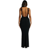 Women Dresses Sling Backless Lace up Long Slim Fit Dress (Bla0420)