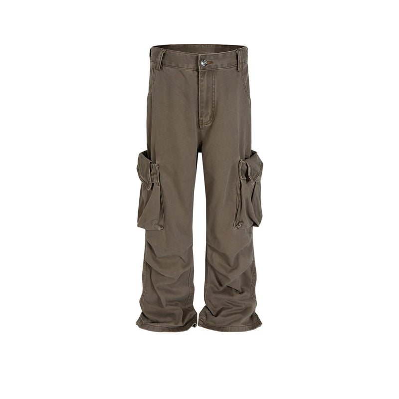 MIJKO Mens Vintage Pants Wide-footed Brown Jeans