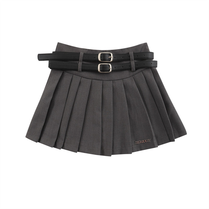 Women Skirt Double Belt Suit Pleated Skirt
