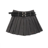 Women Skirt Double Belt Suit Pleated Skirt