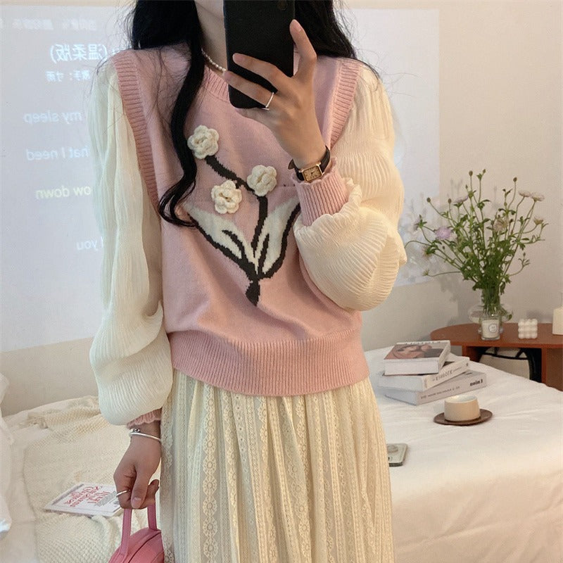 Women Knitted Pullover Autumn Loose Chiffon Blouse Top