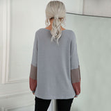 Women Knitted Sweater Fall Color-Blocking Gray Long Sleeves V-neck Sweater