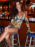 Women Dresse Hollow Dress Sexy V-neck Long Sleeve Short Dress