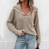 Women Knitted Sweater Autumn and Winter Solid Color Casual Long Sleeves Lapel Sweater