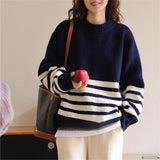 Women Knitwear Autumn and Winter Striped round Neck Sweater Loose Sweater