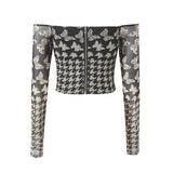 Women Tops Summer Houndstooth Mesh Top Houndstooth Gauze Skirt Suit