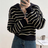 Women Knitwear Autumn Winter Retro Polo Collar Stripes Zipper Sweater Loose Sweater