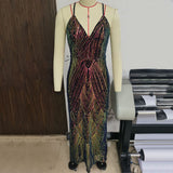 Women Evening Gown Sexy Backless Retro Spaghetti Straps Sequins Dress
