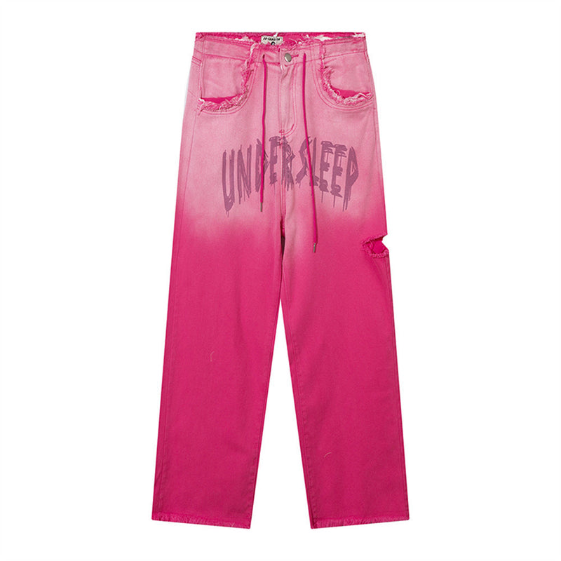 Women Pants Gradient Pink Ripped Jeans