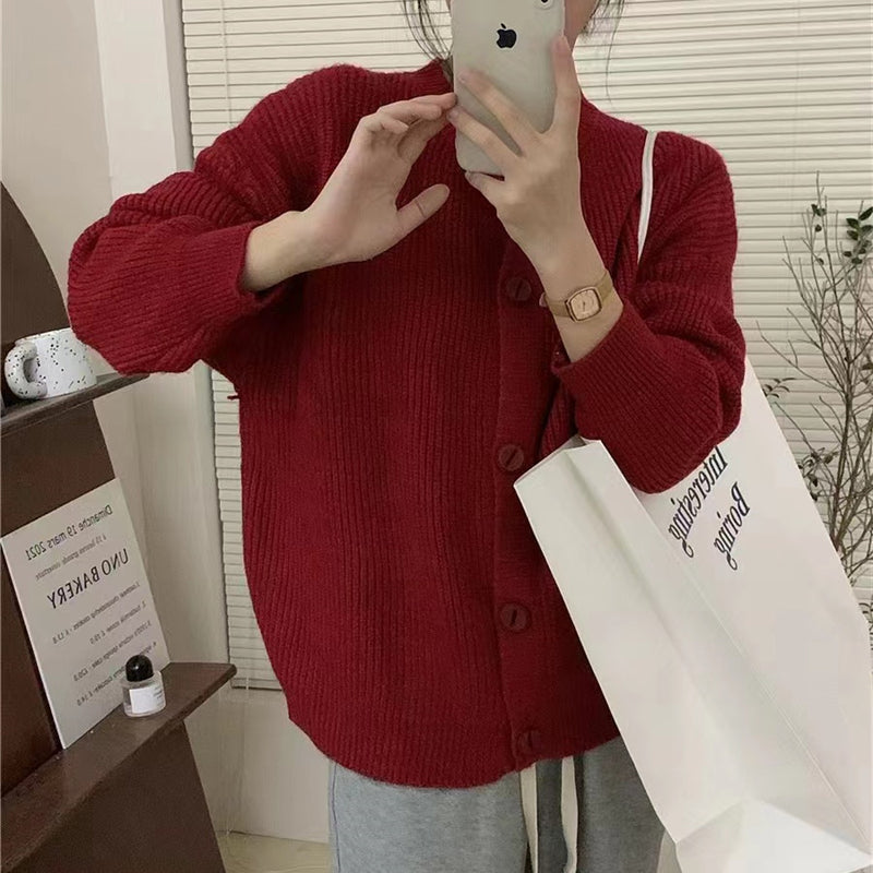 Women Knitted Cardigan round Neck Solid Color Knitted Button Cardigan Loose Casual Sweater Coat