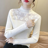 Women Knitwear Autumn and Winter Turtleneck Lace Sweater Slim Fit
