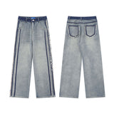 Men Jeans Washed Patchwork Jeans Retro Wide Leg Denim Trousers