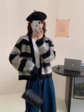 Women Knitwear Autumn and Winter Striped V-neck Napping Sweater Loose Knitted Cardigan