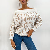 Women Knitted Sweater Autumn and Winter Knitting Leopard Print Long Sleeve off-Shoulder off-the-Shoulder Sweater