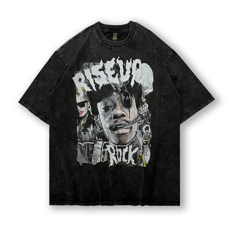 Men T Shirt Hip Hop Rapper Worn Looking Washed-out Short Sleeve T-shirt Men Oversize