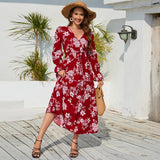 Women Date Dress Autumn and Winter Leisure Floral Print Long Sleeve Lace up Casual Dress Maxi Dress
