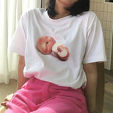 Sweet Pink Peach Printed T-shirts Summer O-Neck Women Fashion