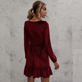 Women Dress Green Deep V-neck Puff Sleeve Velvet Dress