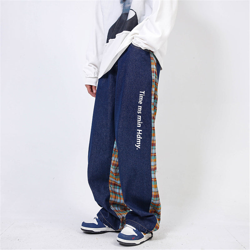 Men Sweatpants Vintage Plaid Stitching Casual Straight Pants Loose Drawstring Ankle Banded Pants