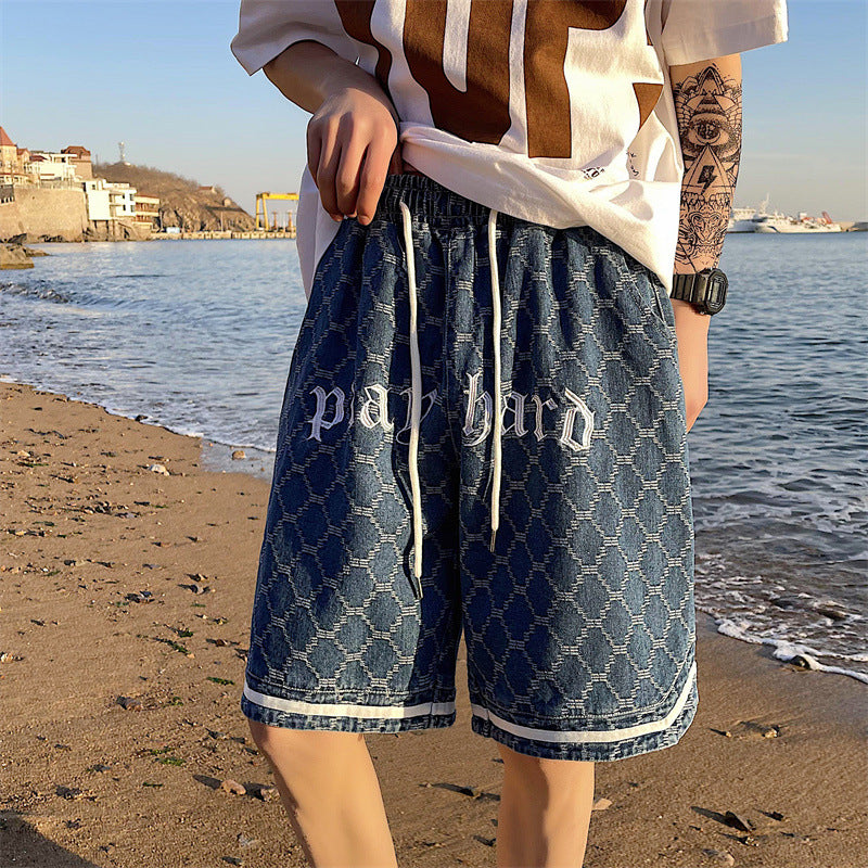 Men Jeans Denim Shorts Men's Summer Embroidered Plaid Shorts