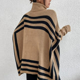 Women Knitted Sweater Turtleneck Striped Cape and Shawl Sweater Coat