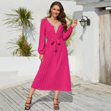 Women Date Dress Autumn and Winter V-neck Lace Pleated Lace-up Long Dress