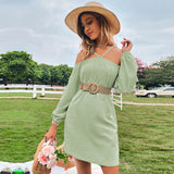 Women Dress Spring/Summer Loose Casual Short Skirt off-Shoulder Braces Long Sleeve Dress