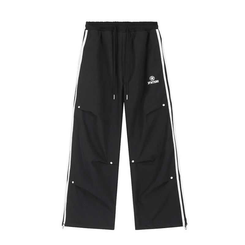 Men Sweatpants Tooling Paratrooper Pants Men's Straight-Leg Trousers Striped Stitching Ruffle Casual Wide Leg Track Pants