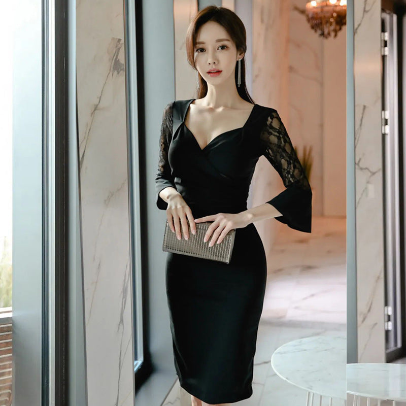 Women Maxi Dress Autumn and Winter Elegant Sexy V-neck Lace Dress