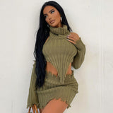 Women Co-Ord Set Sweater Sexy Bandeau Turtleneck Long Sleeve Short Dress