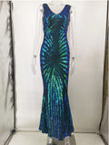 Women Evening Gown Sexy V-neck Vintage Party Sequins Dress