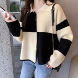 Women Knitwear Spring and Autumn Retro Lapels Double Zipper Sweaters Cardigan
