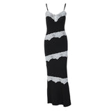 Women Dresse Sexy V-neck Stitching Lace Trim Suspender Skirt Sleeveless Backless Long Dress