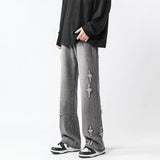 Men Jeans Cross Embroidery Straight-Leg Pants Spring Loose Retro Oversized Casual Trousers
