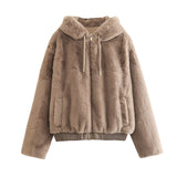 Women Jacket Autumn and Winter Faux Fur Hooded Zipper Jacket Short Coat