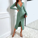 Women Dress Summer Sexy Slit Slim Fit V-neck Long-Sleeve Dress